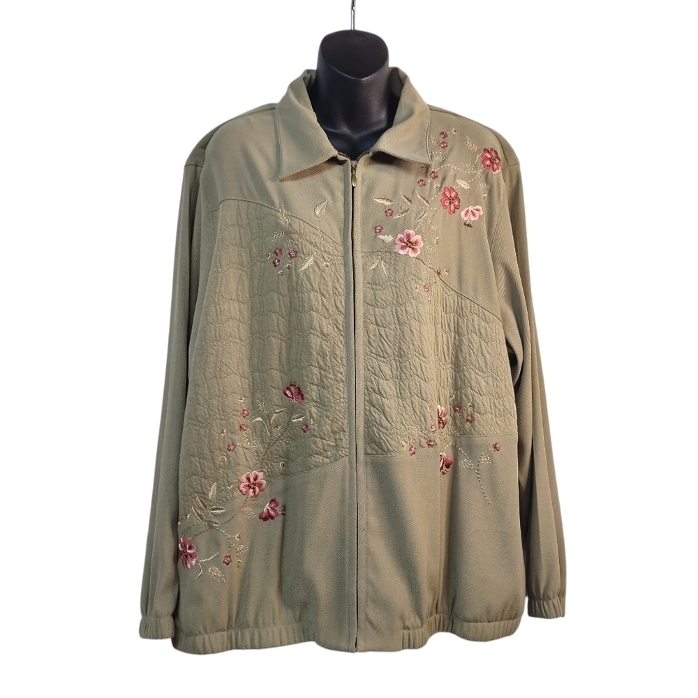 Alfred Dunner Jacket Women's Green Embroidered ZIP Up Jacket Sz 18W